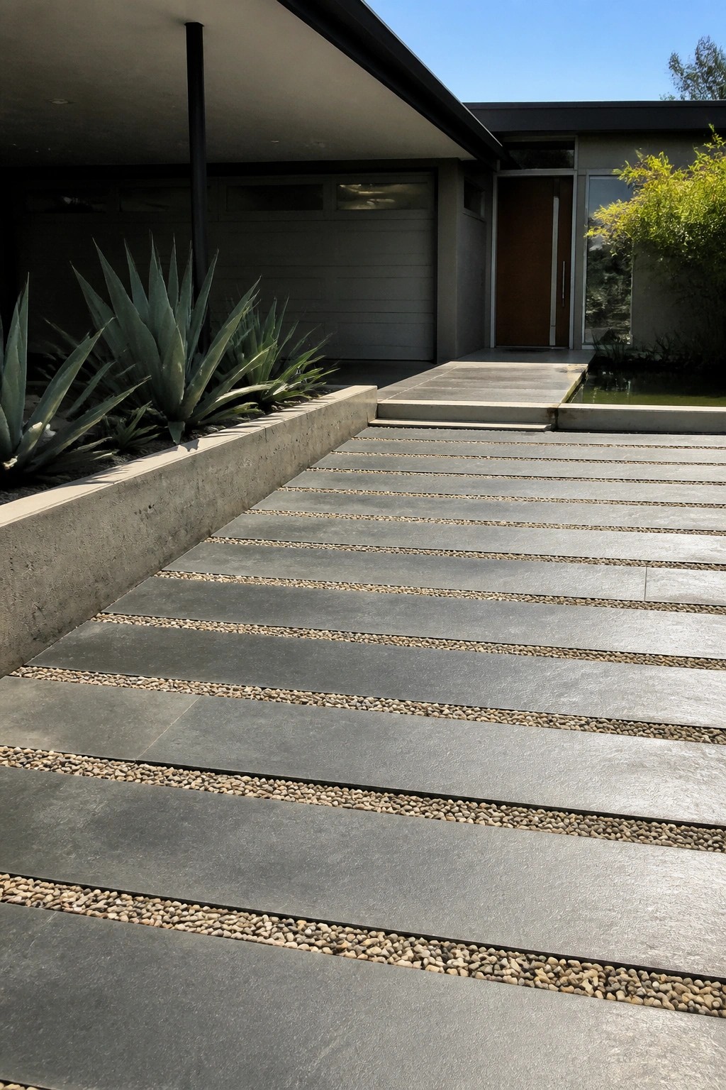 Modern home entrance with gray stone slab path, gravel lines, and agave plants.