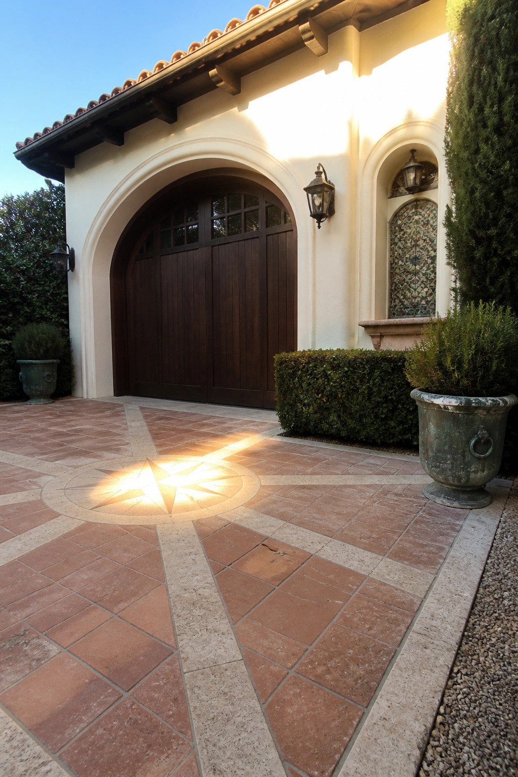 A wide driveway paved in terracotta tiles with a central star pattern leads to a dark wood garage door set in a white stucco arch.