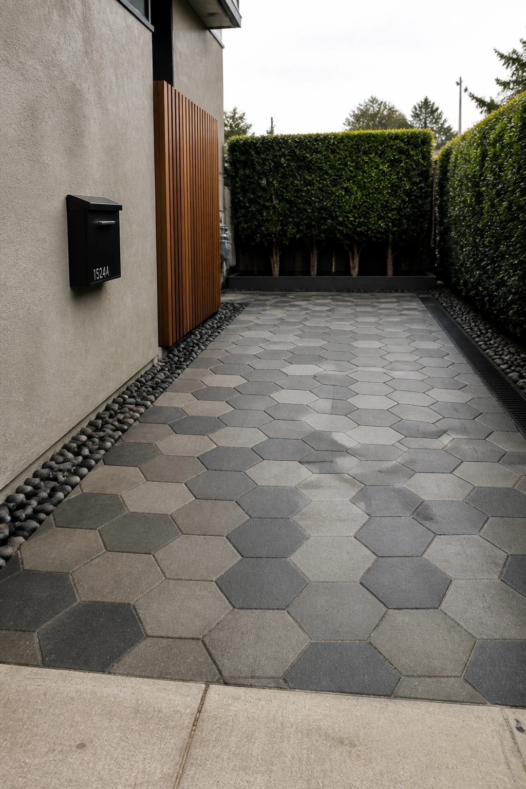 A long gray hexagonal tile pathway runs alongside a concrete house wall with a black mailbox, bordered by dark gravel and tall green hedges.