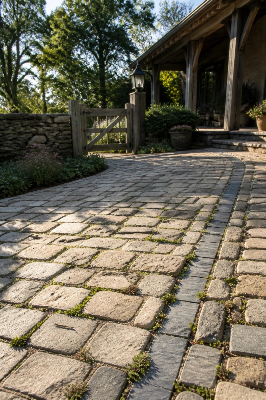 Cobblestone path curves past open wooden gate toward house with lantern