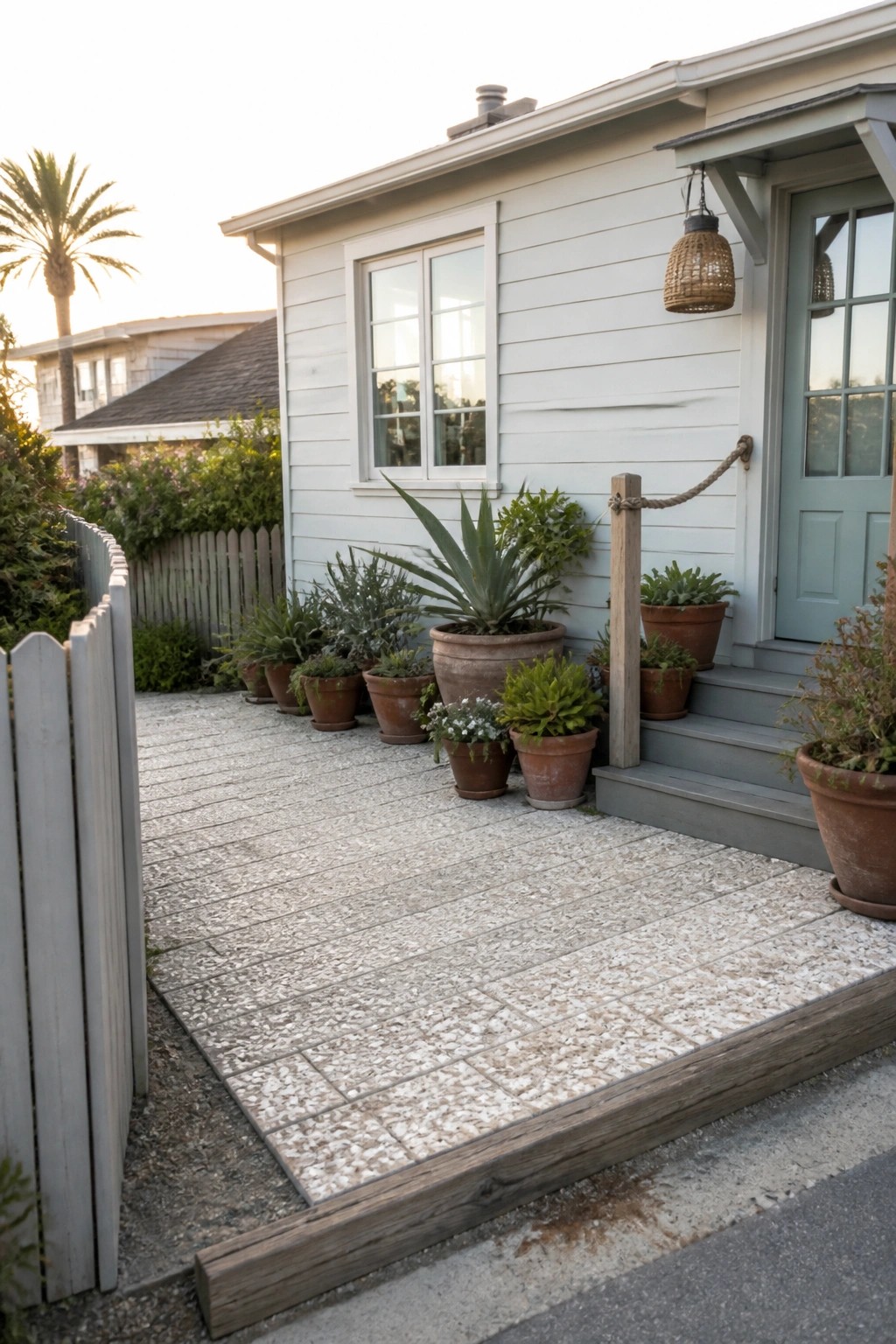White cottage with blue door, stone path lined with potted succulents and plants.