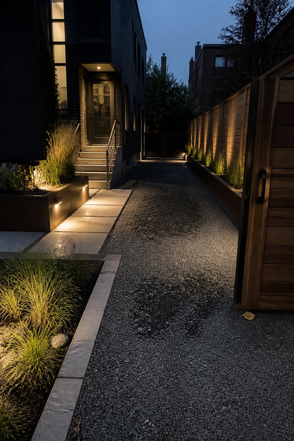 A narrow gravel path bordered by rectangular stone pavers leads past a dark brick house at dusk, with low plant beds lit on either side.