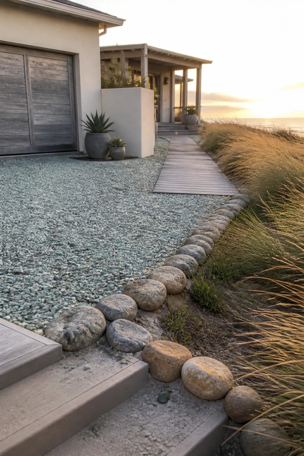 Modern beach house with gravel path, stone border, wooden boardwalk, and ocean sunset.