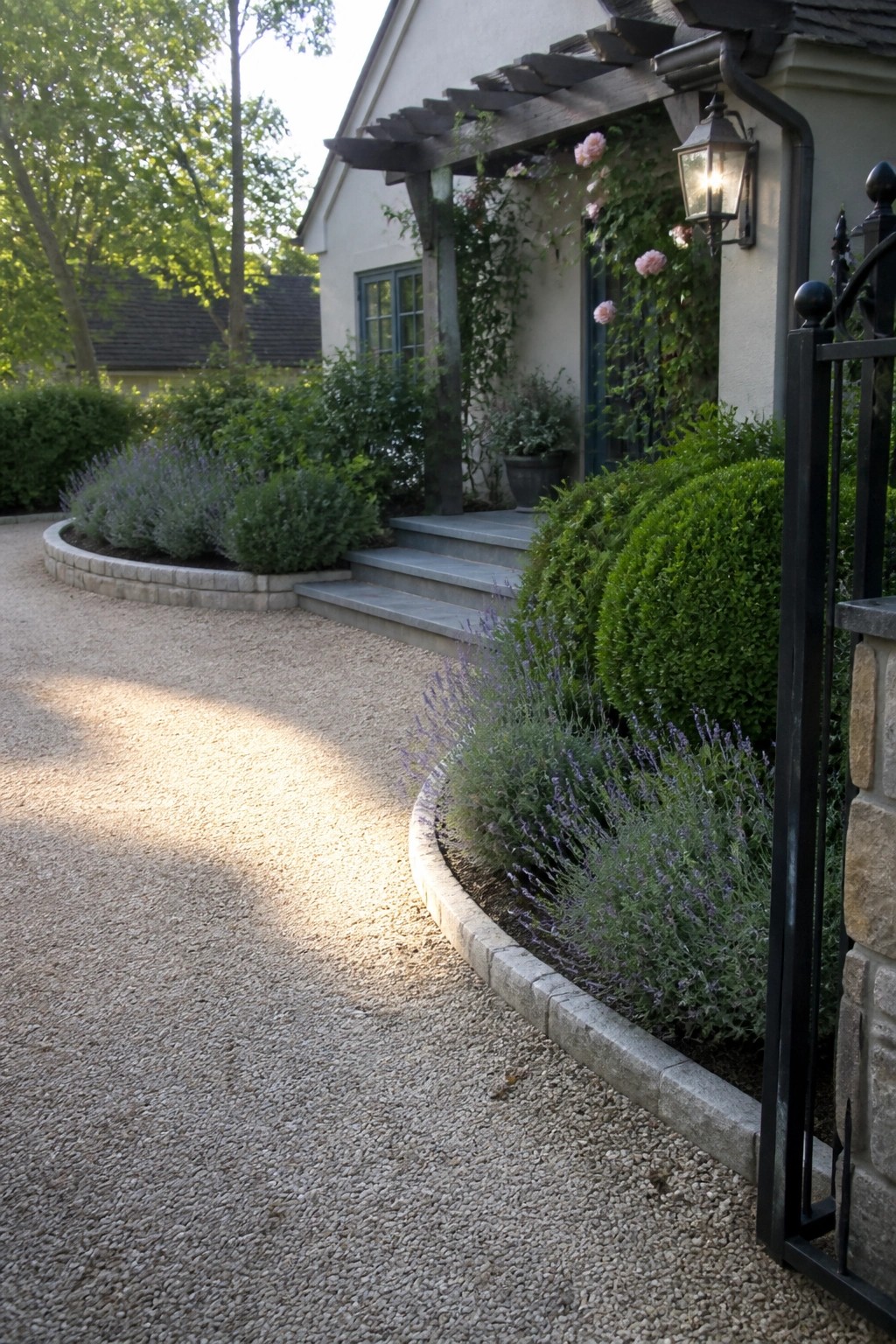 A curved gravel driveway with a low stone border runs past lavender beds toward house steps and a black metal gate.