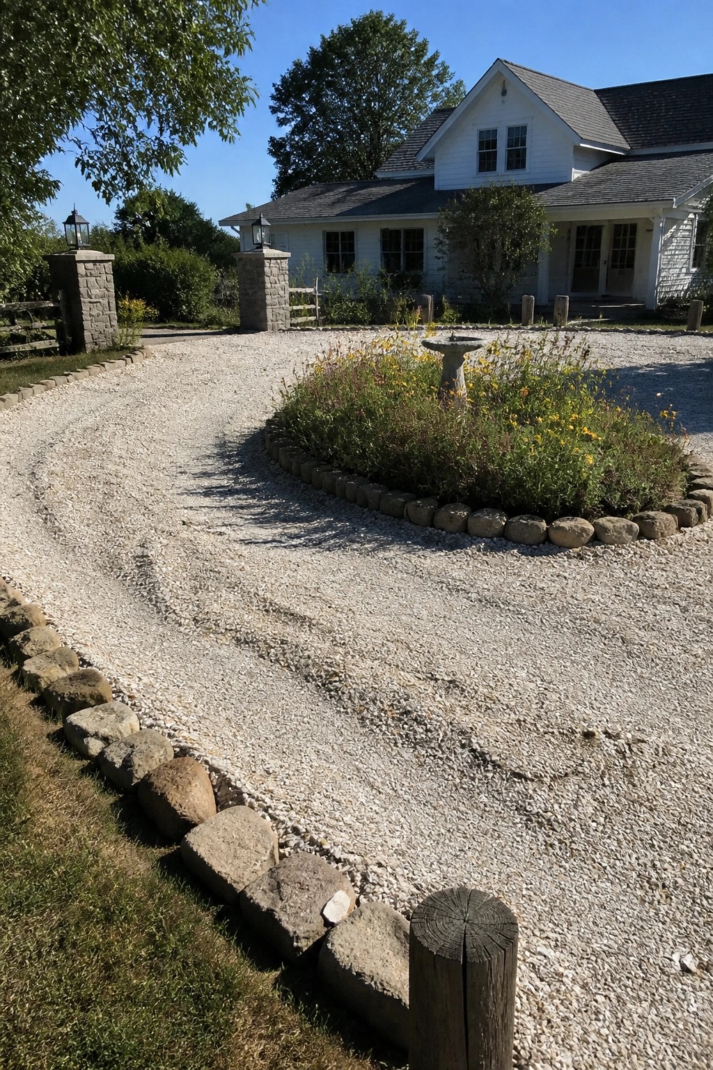 A gravel driveway curves past a central flower bed bordered by large stones, with a white house and stone pillars visible in the background.