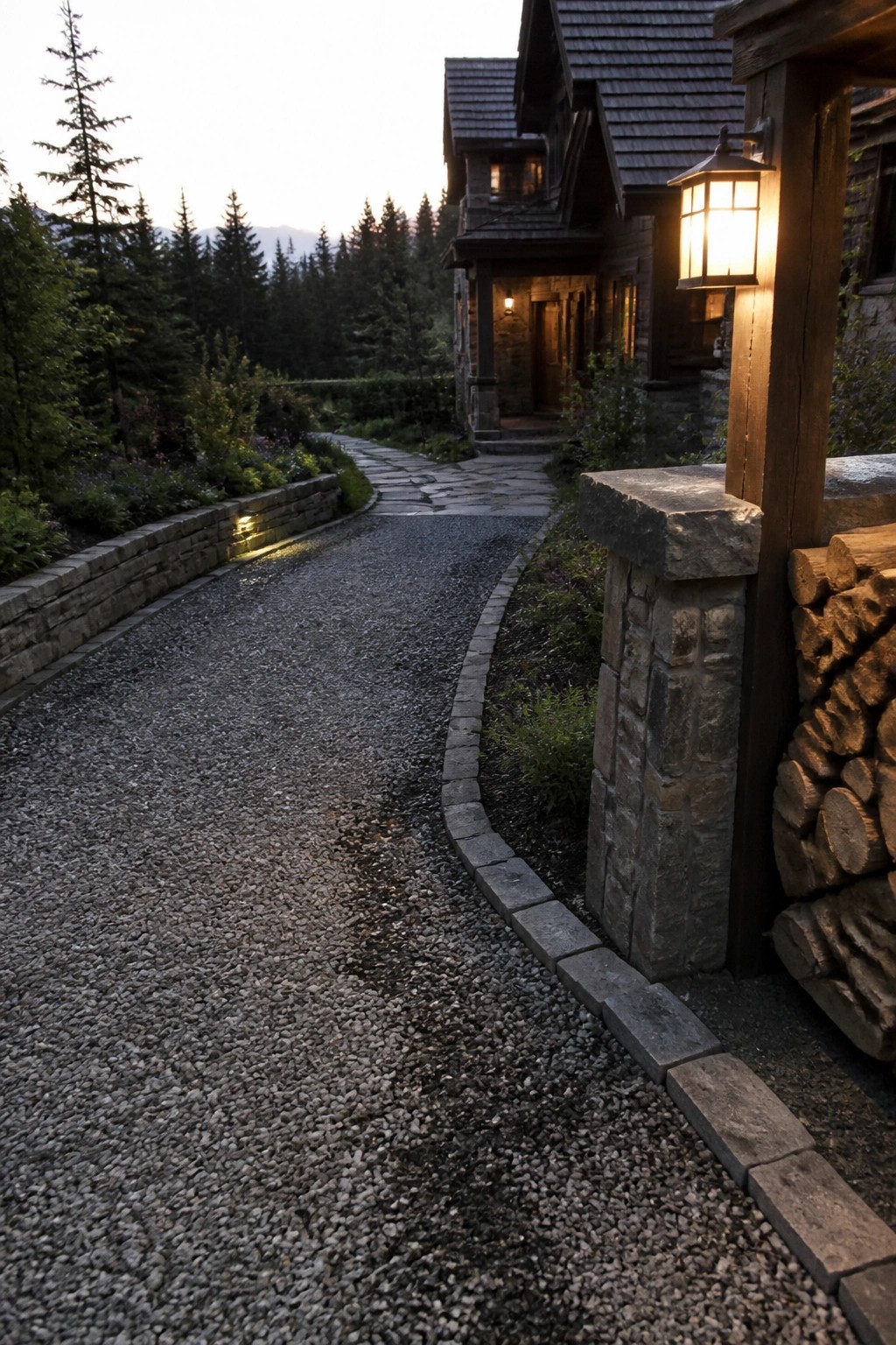 Winding gravel path to lantern-lit wooden house with stone pillars at dusk