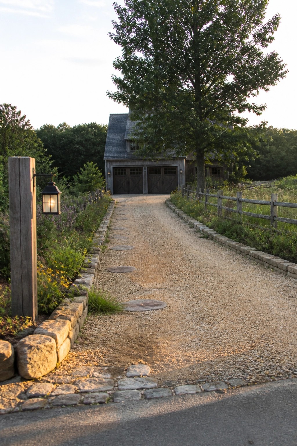 Gravel driveway with stepping stones leads to house with garage doors and large tree.
