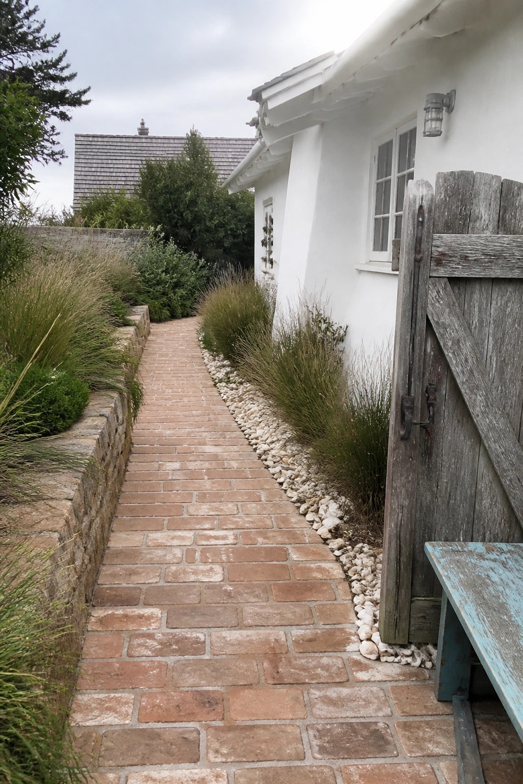 A narrow brick pathway runs beside a white house, edged with white gravel and low grasses, with a weathered wooden gate on the right.