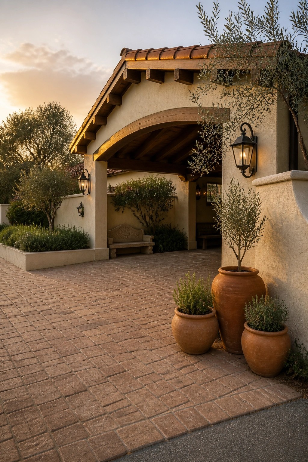 A brick-paved driveway curves toward an arched stucco entryway lined with terracotta pots and wall-mounted lanterns.