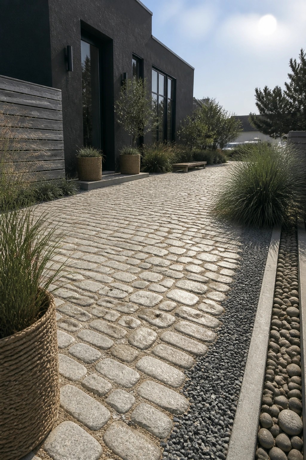 A cobblestone driveway curves toward a dark modern house, bordered on one side by a strip of gravel and potted plants.