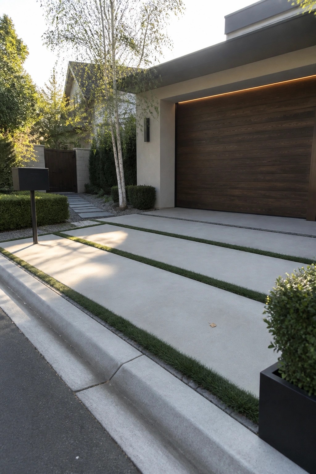 Modern house with dark wood garage door, concrete driveway with grass strips.