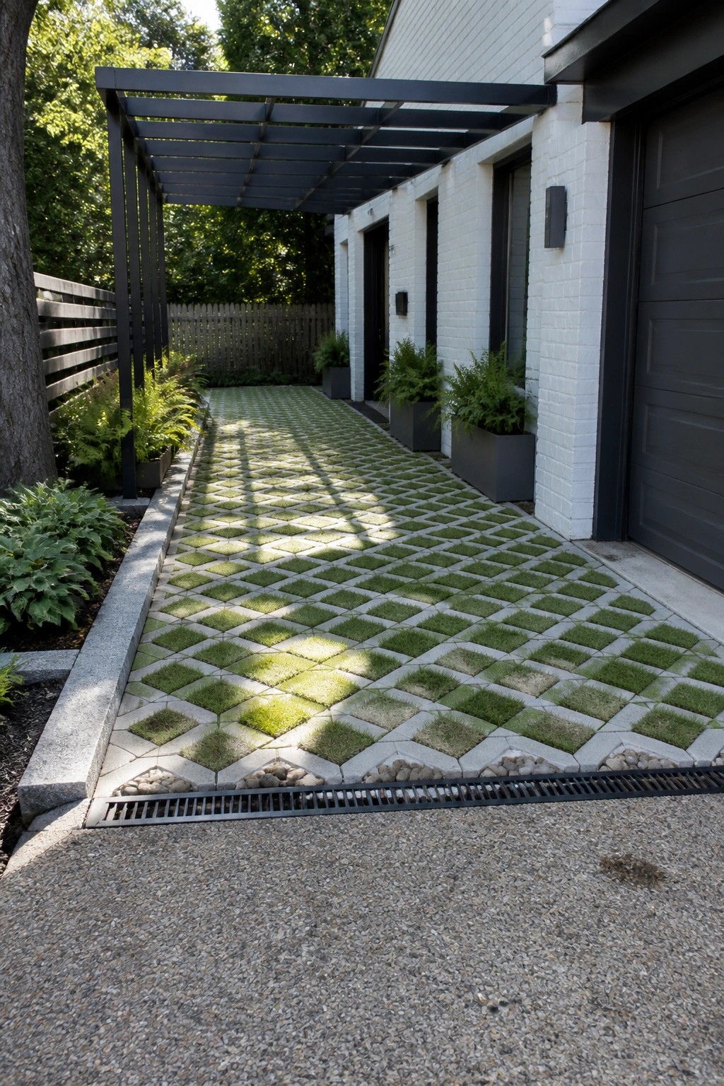 A long pathway of concrete grid pavers filled with grass runs alongside a white brick house under a black metal pergola, with potted plants and a drainage grate at the front.