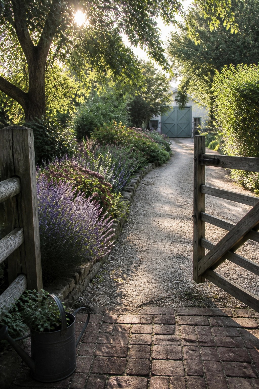A gravel driveway bordered by low brick edging and purple flowering plants leads toward a house with green double doors, with an open wooden gate on the right.