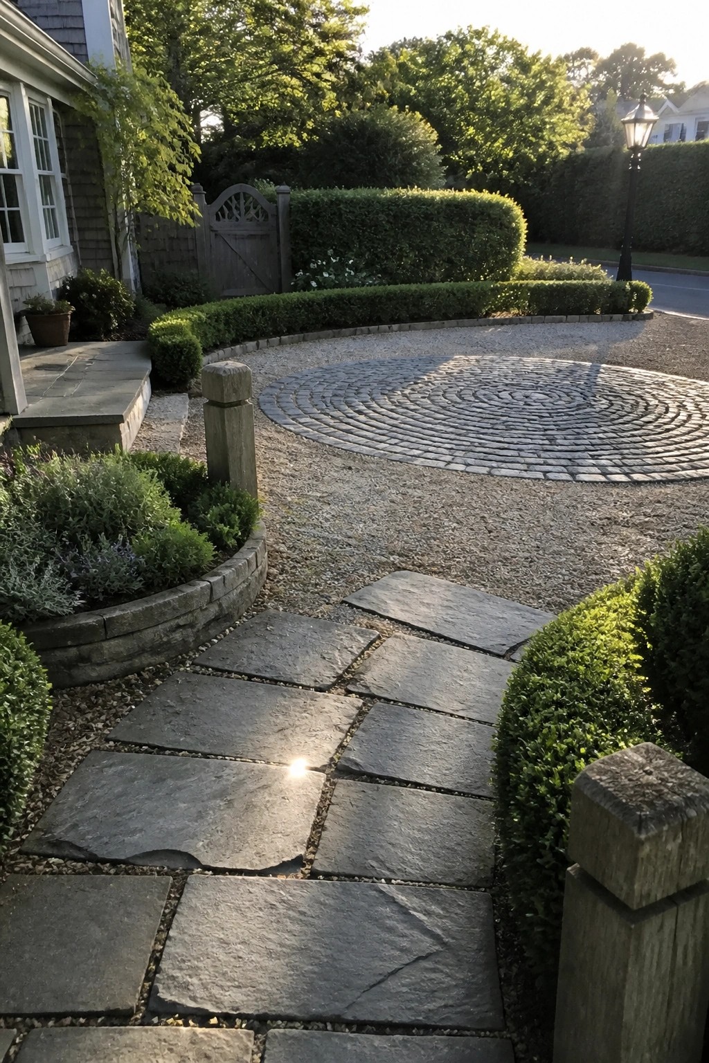 A gravel driveway with a circular cobblestone pattern, a flagstone path, and low stone walls bordered by hedges.