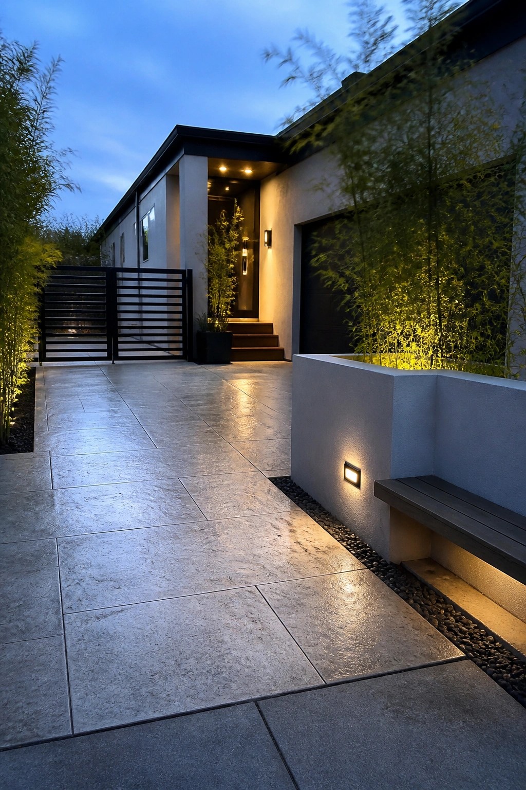 Modern house front with a wide driveway made of large gray concrete pavers, black metal gate, and bamboo plants lit from below at dusk.