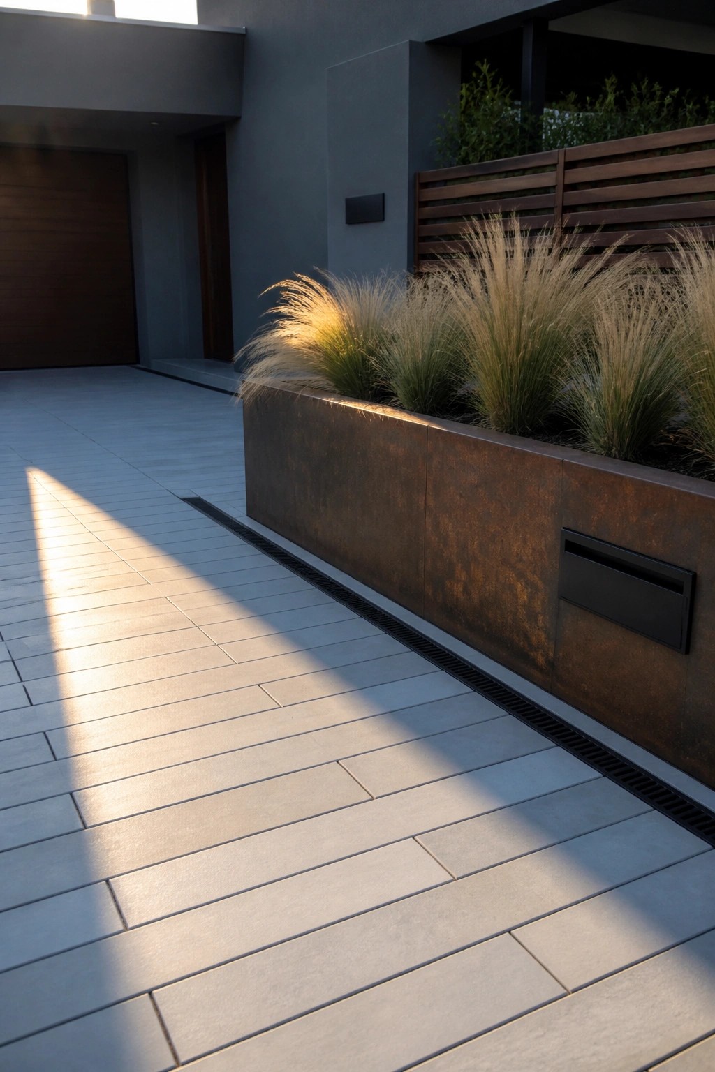 A long rusted metal planter filled with tall ornamental grasses runs along the edge of a gray paved driveway next to a modern house.