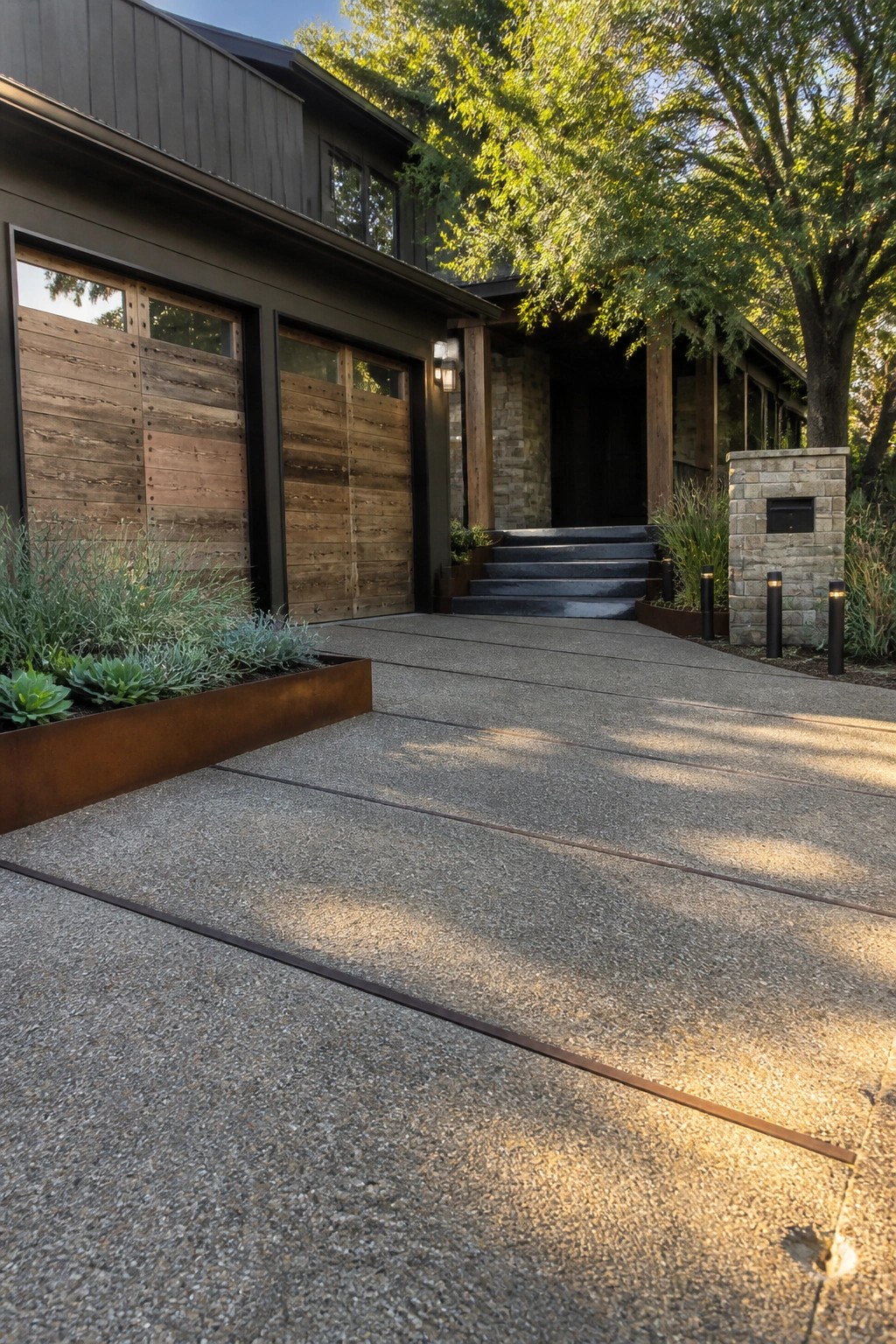 A concrete driveway with embedded dark metal strips runs toward a modern house featuring wooden garage doors, stone steps, and a metal planter bed.