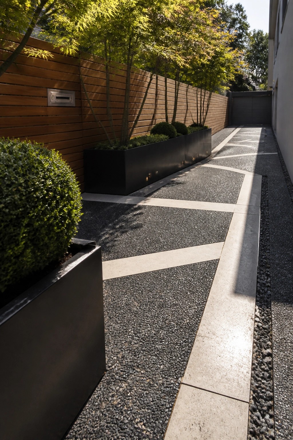 A narrow residential driveway features large light gray concrete pavers set in a geometric pattern with dark gravel filling the spaces between them, bordered by black rectangular planters and a wooden fence.