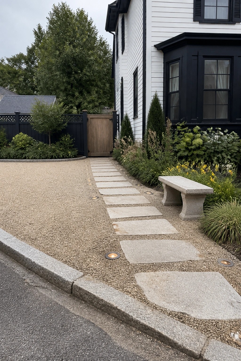 Stone pathway with lights beside gravel driveway, stone bench, and white house.