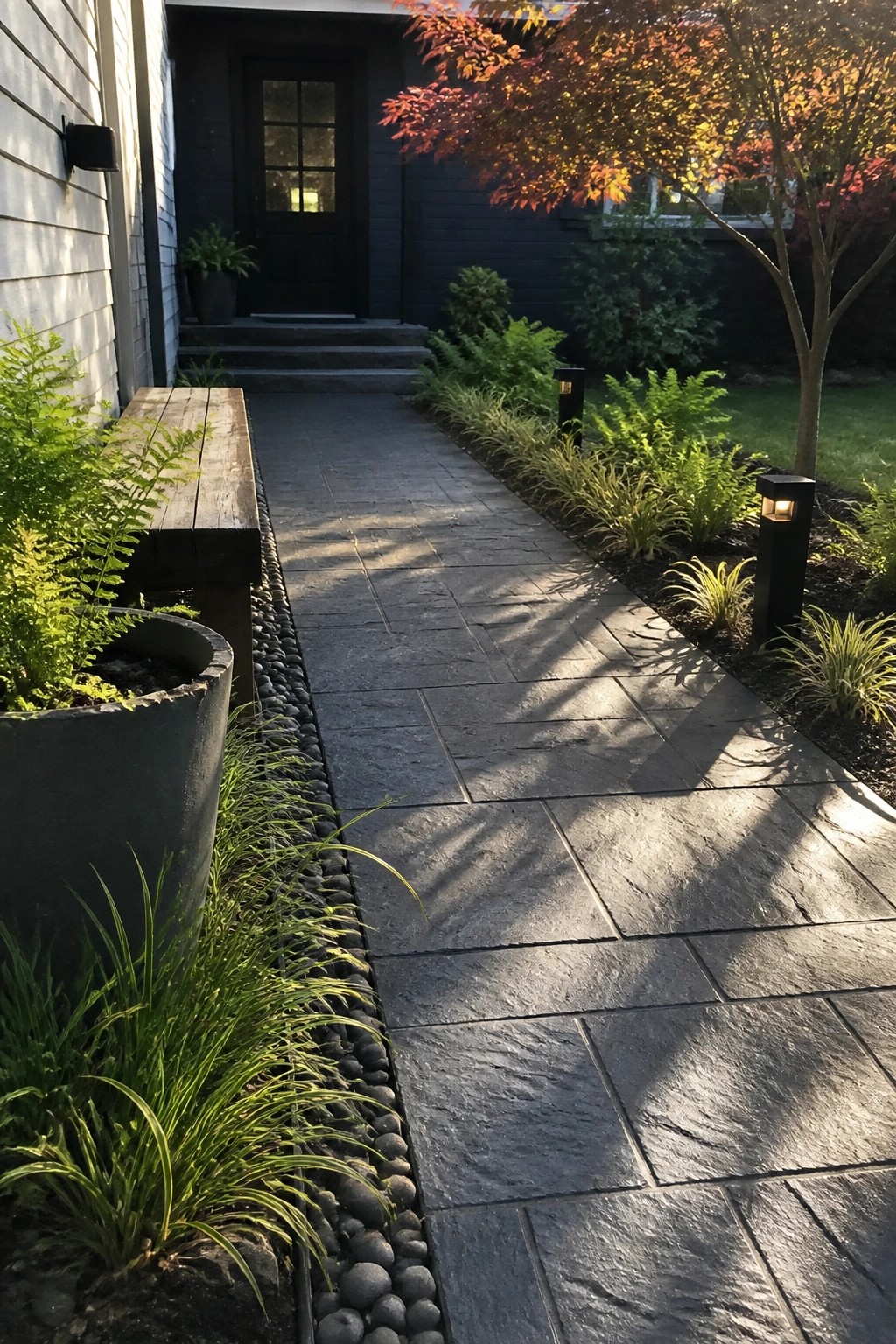A stone paver walkway bordered by black pebbles and green plants leads toward a dark front door.