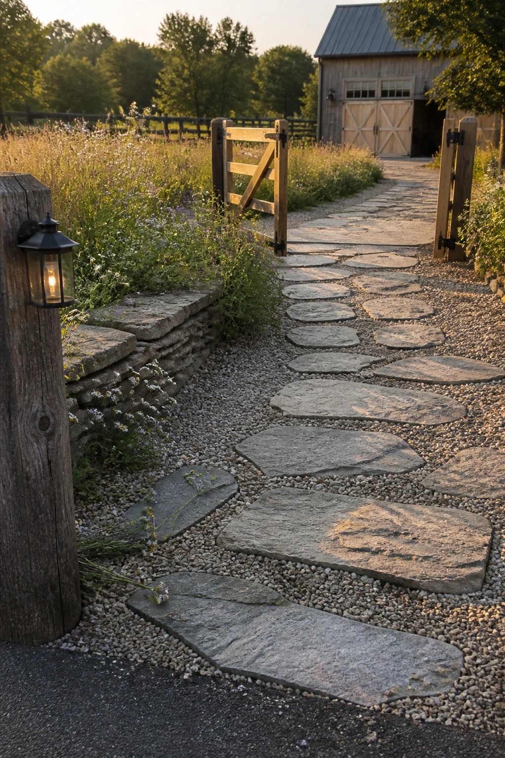 A gravel path lined with irregular flat stone pavers leads past a wooden gate toward a barn-style building, with a lit lantern on a post to the left.