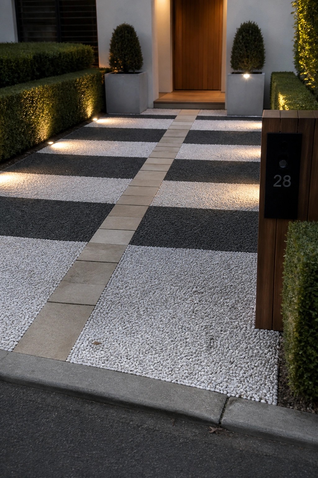 A front driveway with alternating horizontal stripes of white and dark gray gravel divided by light stone pavers, bordered by low hedges and two potted shrubs leading to a wooden door.