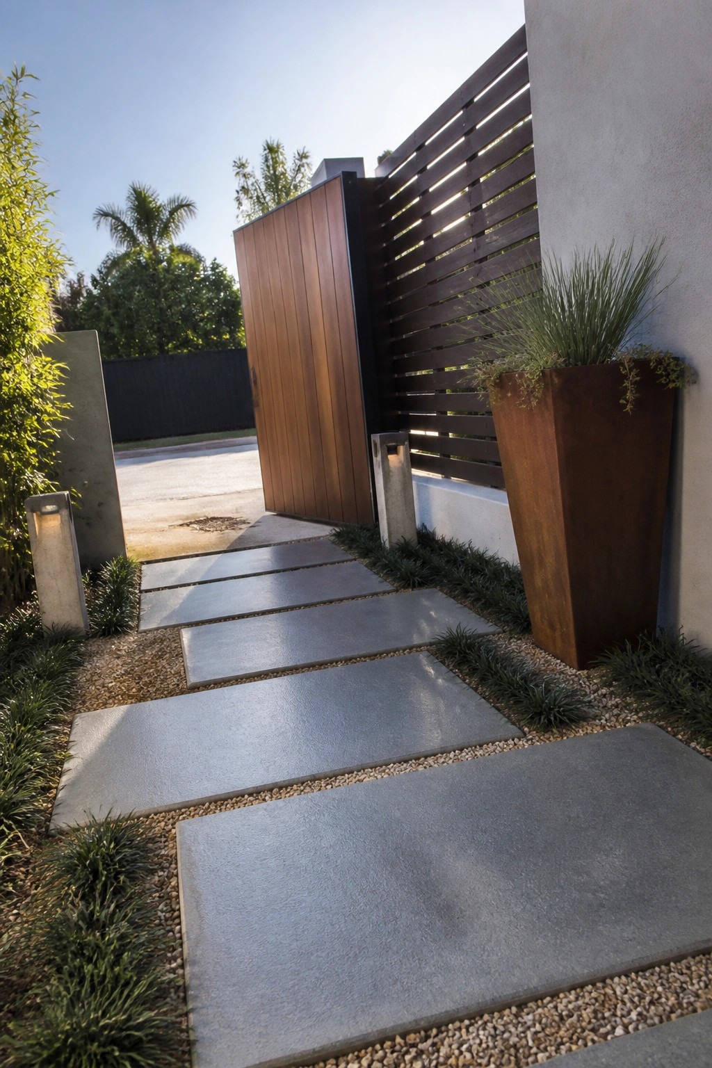 A pathway of large gray concrete slabs set in gravel leads past a tall rusted metal planter toward a wooden gate.