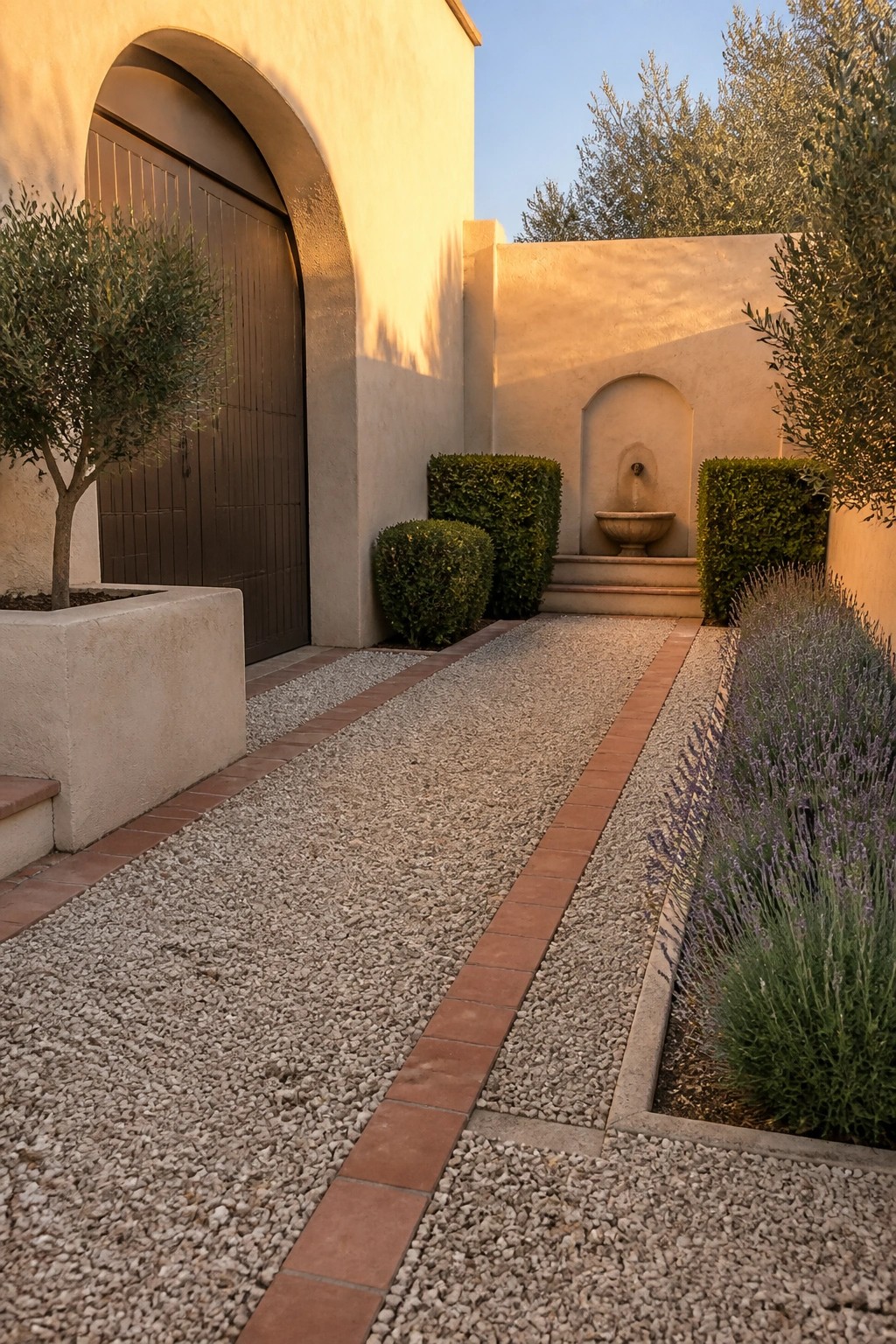 A gravel path bordered by terracotta bricks runs between lavender and boxwood plantings toward an arched wooden door on a stucco wall with a small fountain niche.