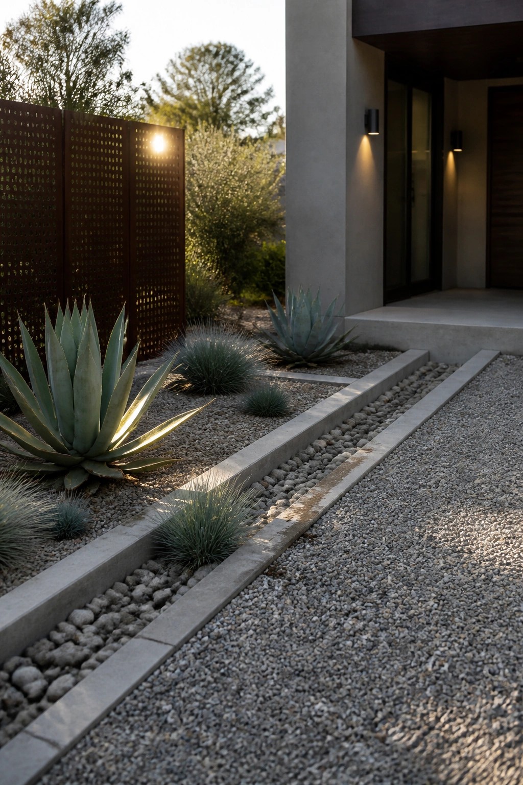 A gravel path bordered by low concrete edging runs alongside a modern house entrance, with agave plants and ornamental grasses planted in the adjacent beds.