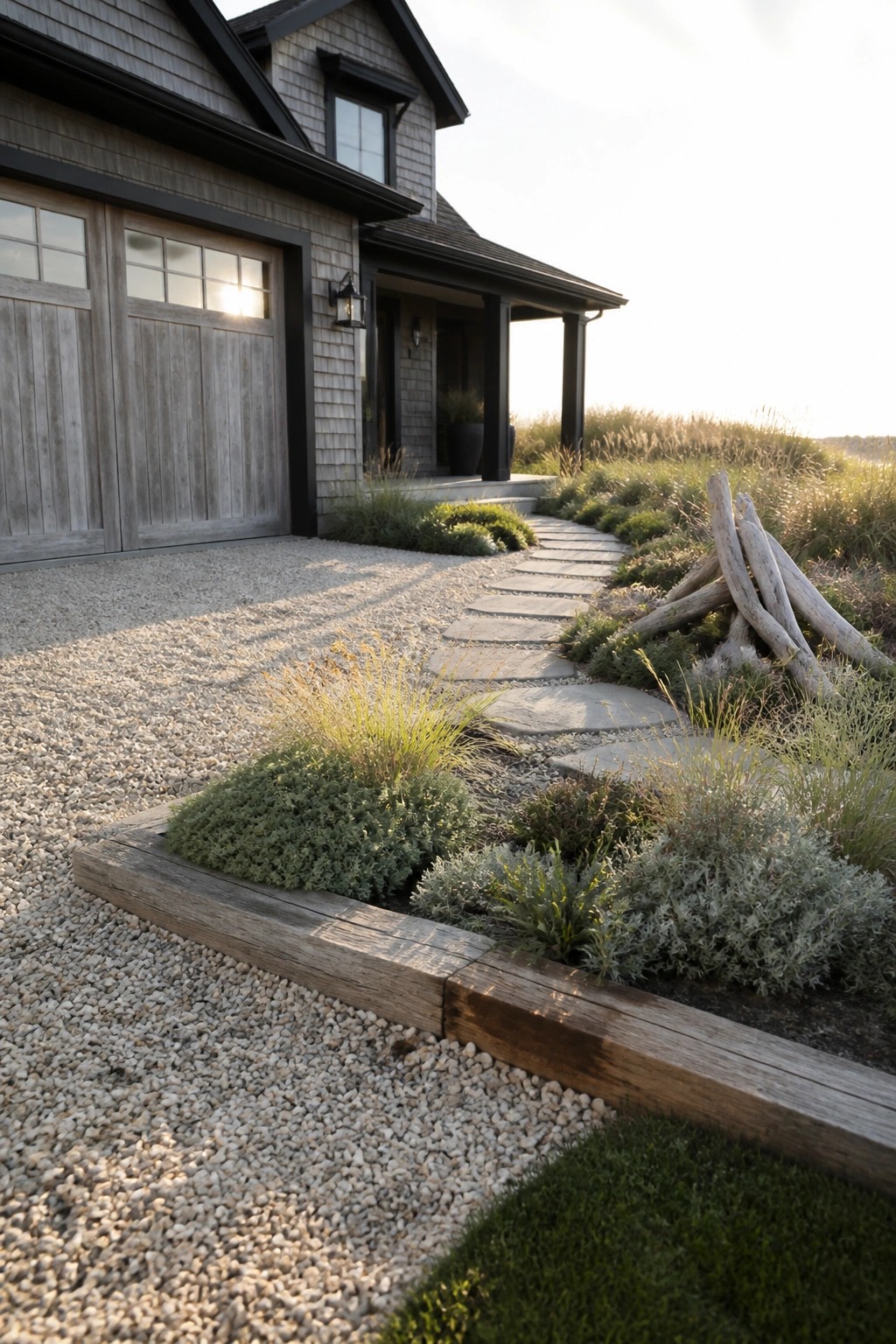 Coastal gray house with stone pathway, gravel driveway, driftwood, and lush landscaping at sunset.