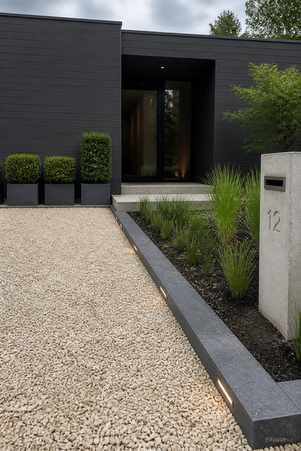 Modern house entrance showing a gravel driveway edged with dark stone borders, potted shrubs along the wall, low plantings in a mulched bed, and a concrete pillar with the number 12.