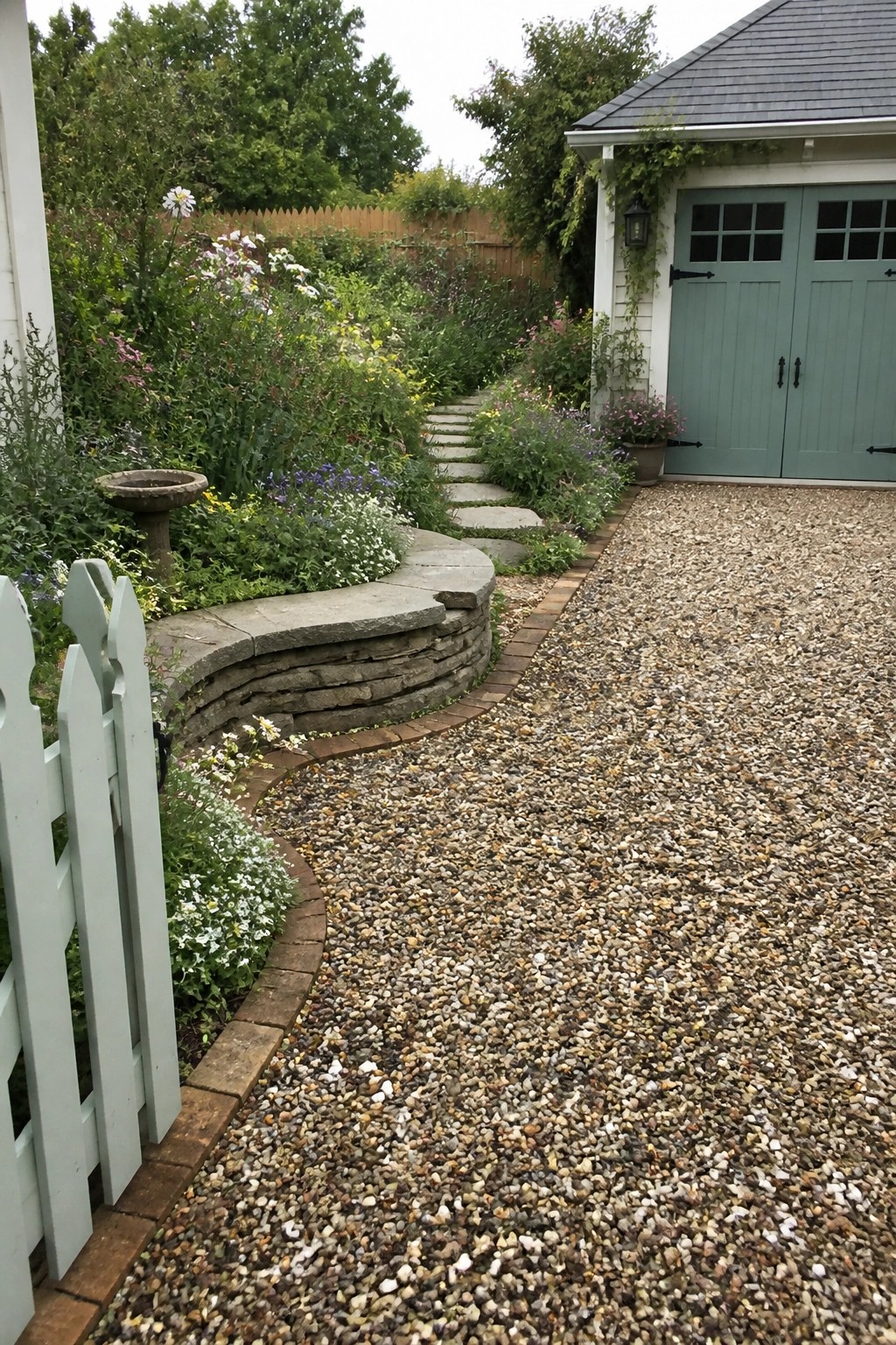 A gravel driveway bordered by a curved stone retaining wall and brick edging, with garden beds and a green garage visible.