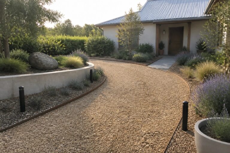 20 Budget-Friendly Gravel Driveway Ideas That Still Feel High End Modern house with gravel driveway, stone path, wooden doors, and garden landscaping.