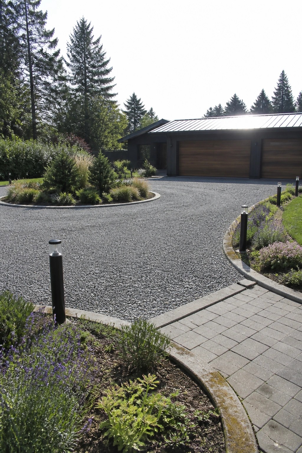 Modern house with curved gravel driveway, wooden garage doors, and purple garden flowers.