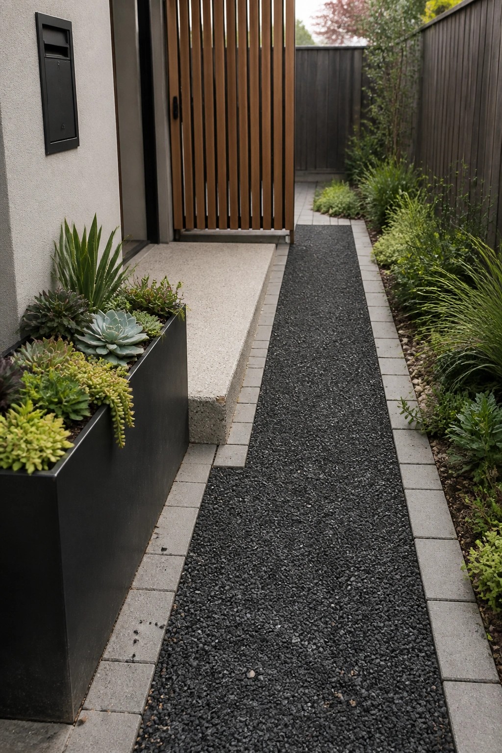 A narrow gravel path bordered by gray pavers runs next to a long black planter box filled with succulents and leads toward a wooden slatted gate.