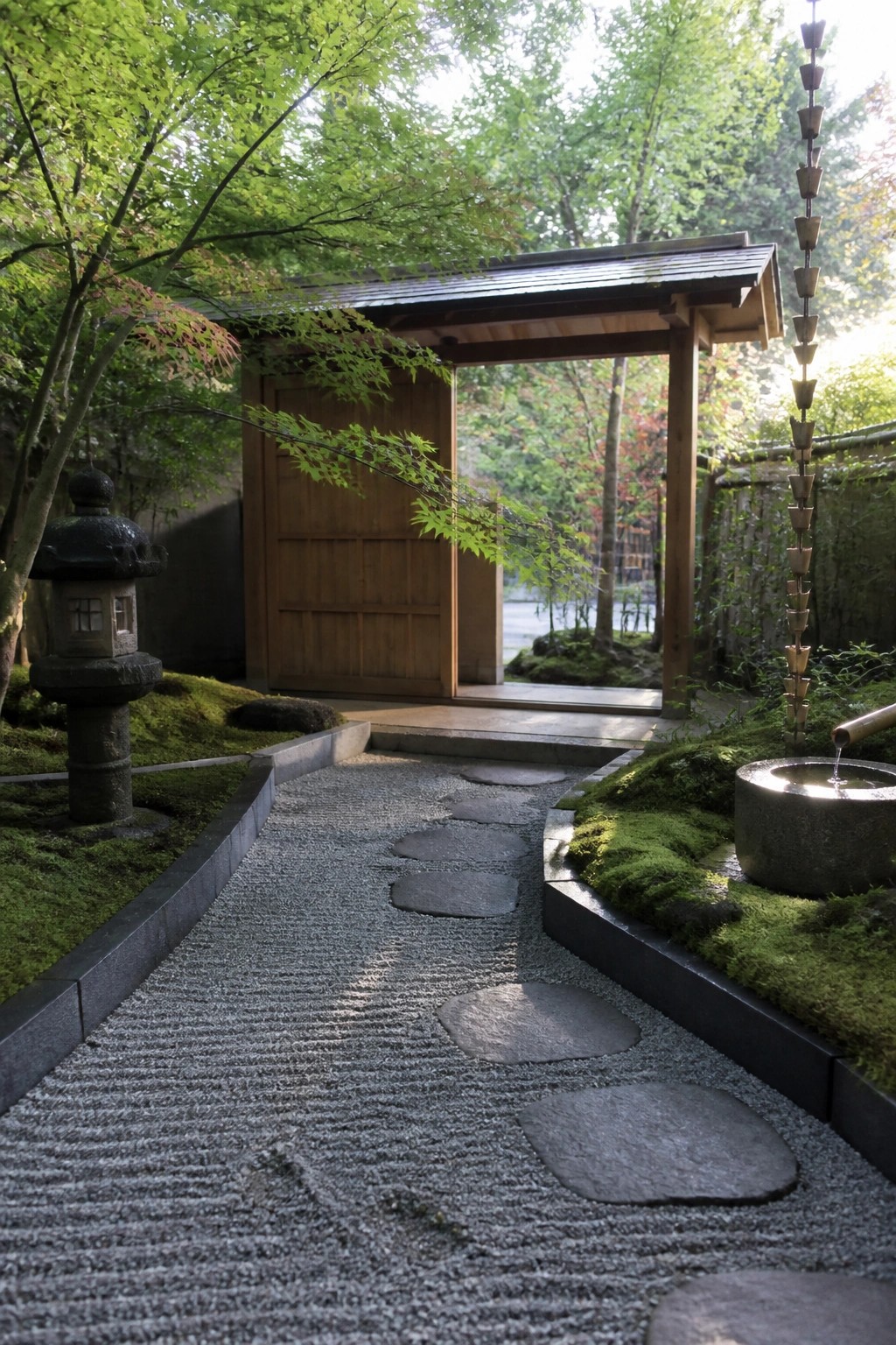 A gravel path with large flat stepping stones leads through moss borders to a wooden gate, with a stone lantern on the left and a stone water basin on the right.