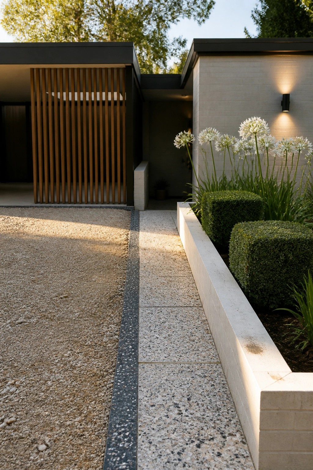 A modern house exterior with a gravel driveway on the left, a speckled concrete paver path in the center, and a raised white concrete planter with green shrubs and white flowers on the right.