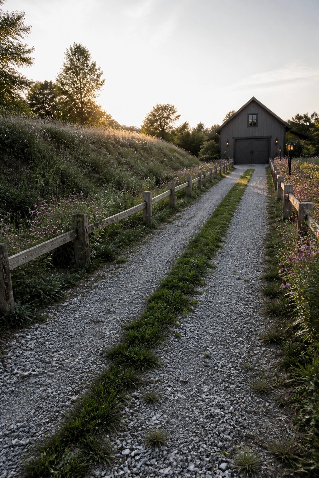A gravel driveway with a central strip of grass leads toward a gray barn, bordered by wooden fences and wildflowers on both sides.