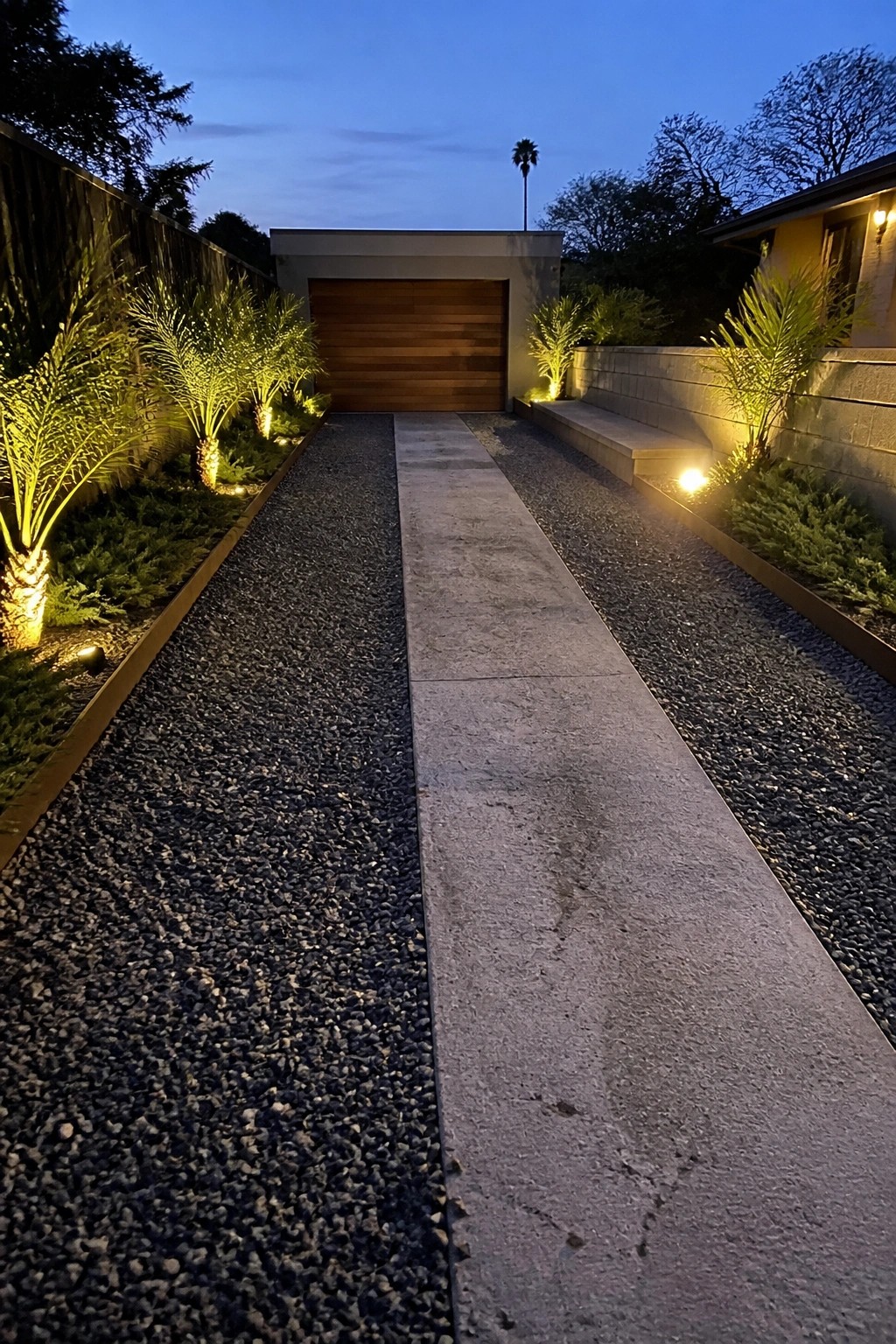 Night view of a residential driveway with a central concrete path, gravel on both sides, metal-edged planting beds with lit palms, and a modern wooden garage door at the end.