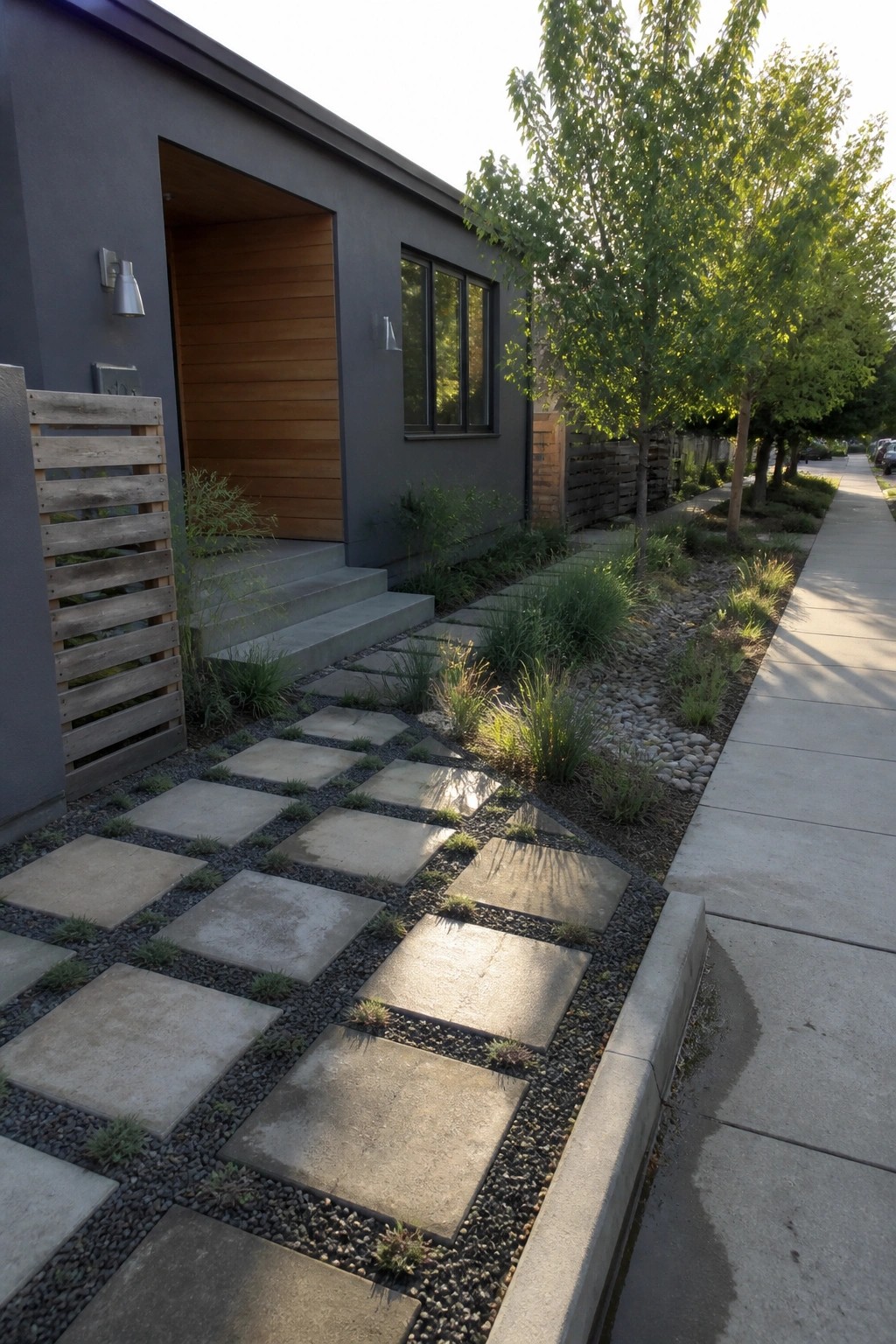 Modern gray house with concrete stepping stones in gravel along sidewalk and trees.