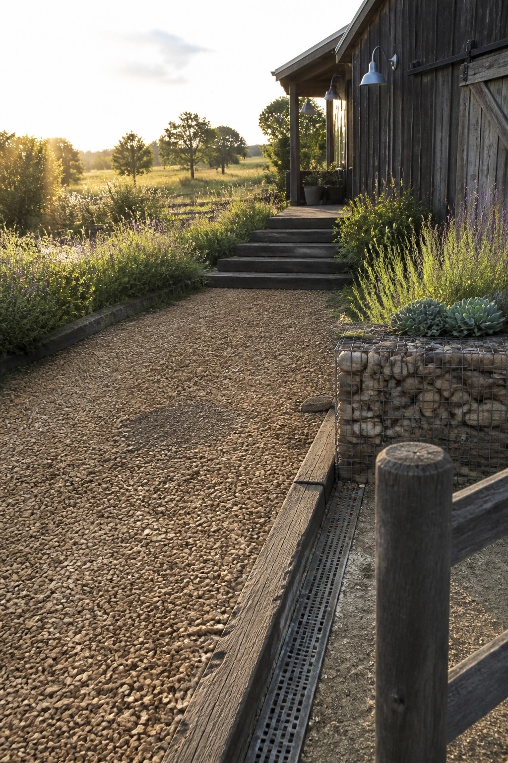 Rustic wooden barn with gravel path, steps, gabion wall, and wildflowers at sunset