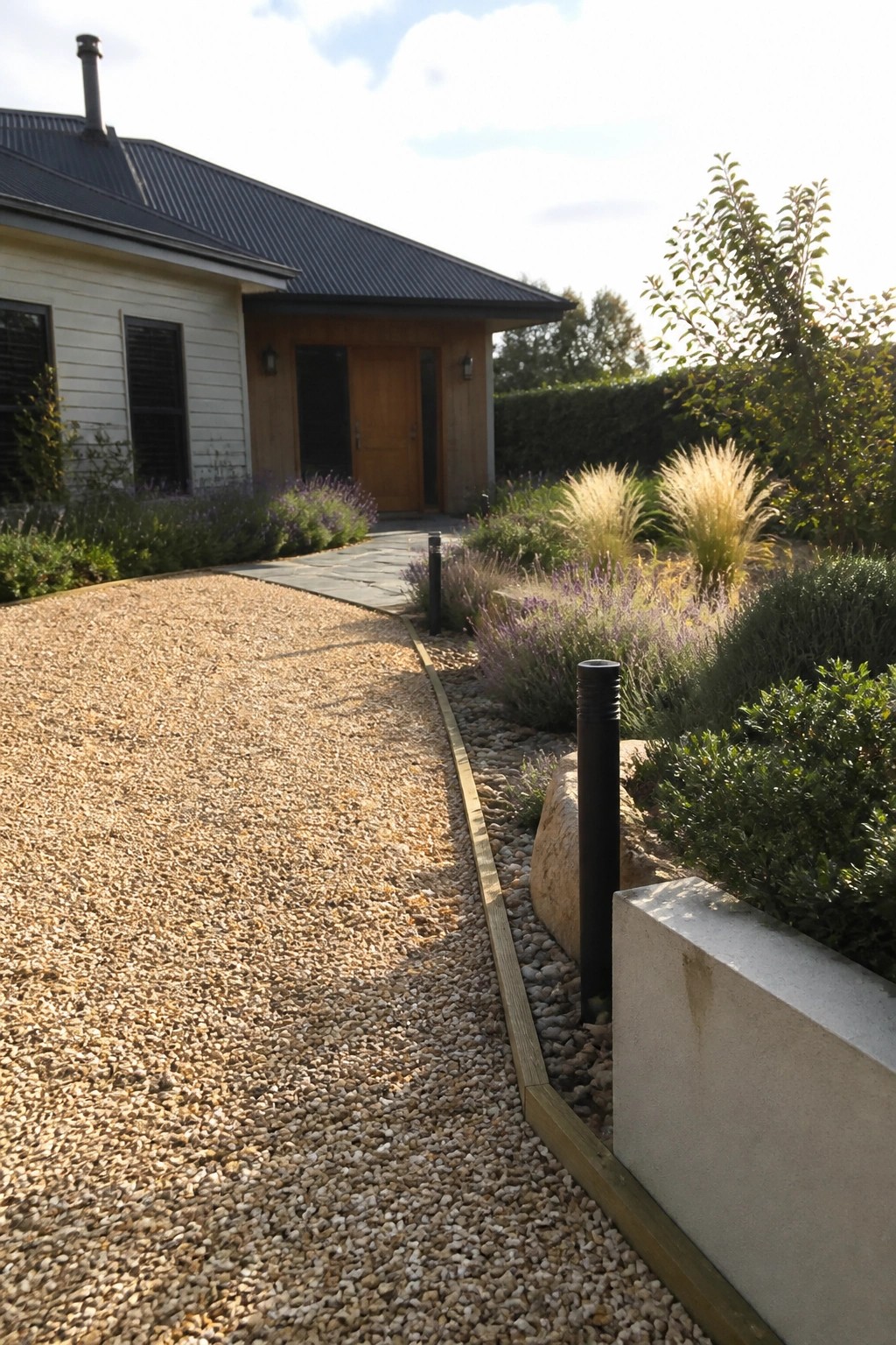 Modern house with gravel driveway, stone path, wooden doors, and garden landscaping.