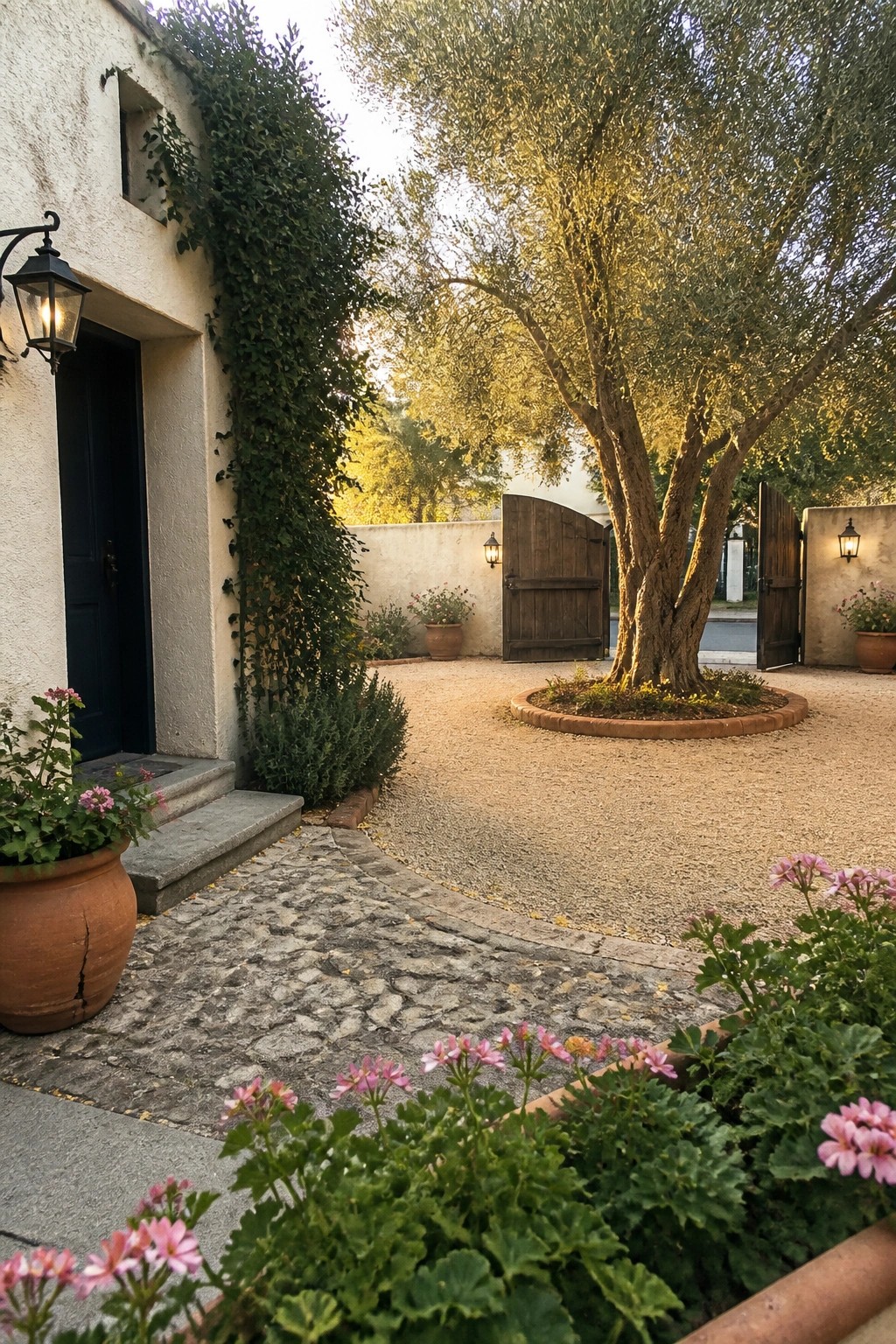 Sunlit courtyard with olive tree, open wooden gates, gravel path, and pink potted flowers