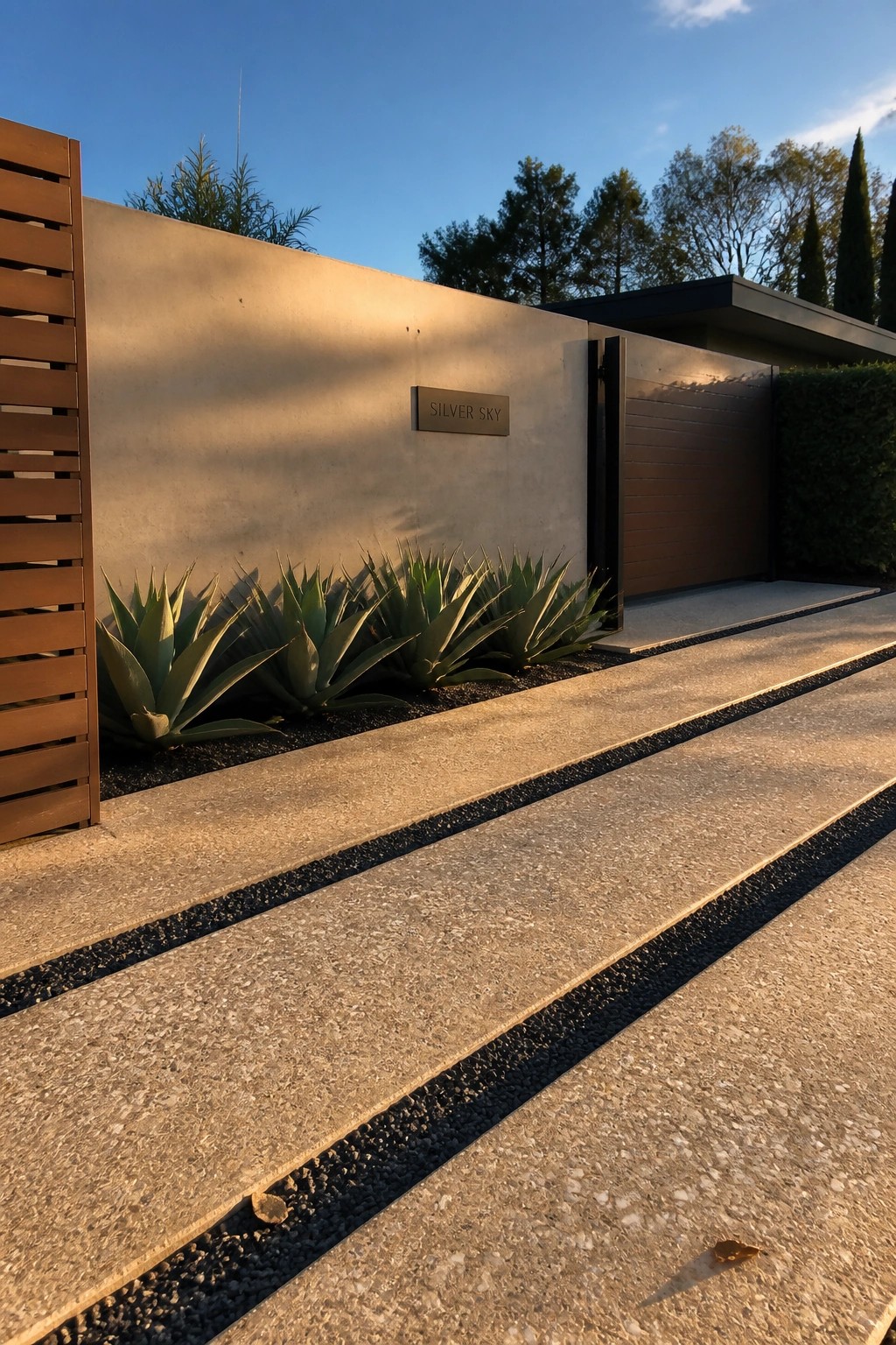 Modern driveway with agave plants, concrete wall, Silver Sky sign, and wooden gate