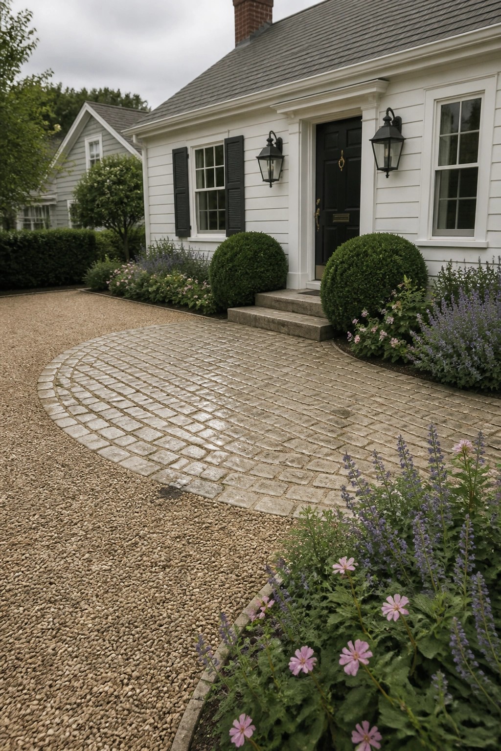 White house with black door, curved cobblestone path, gravel drive, and blooming garden.
