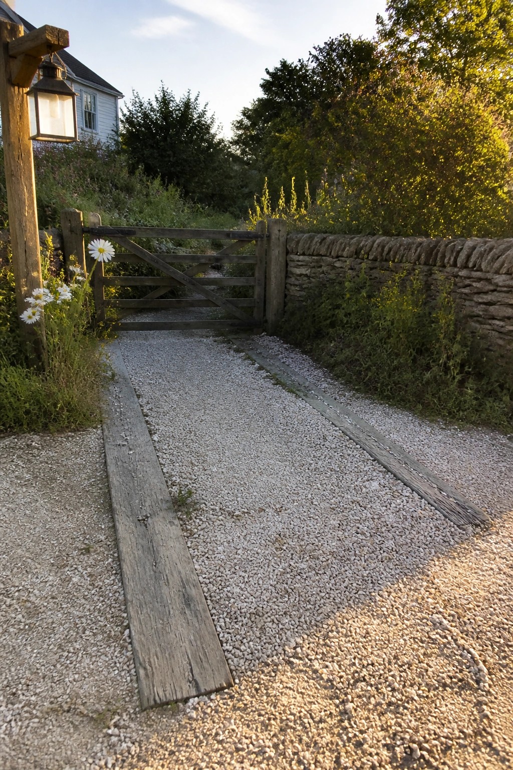 A narrow gravel driveway bordered by weathered wooden planks leads through a wooden gate next to a low stone wall, with a lit lantern on a post to the left.