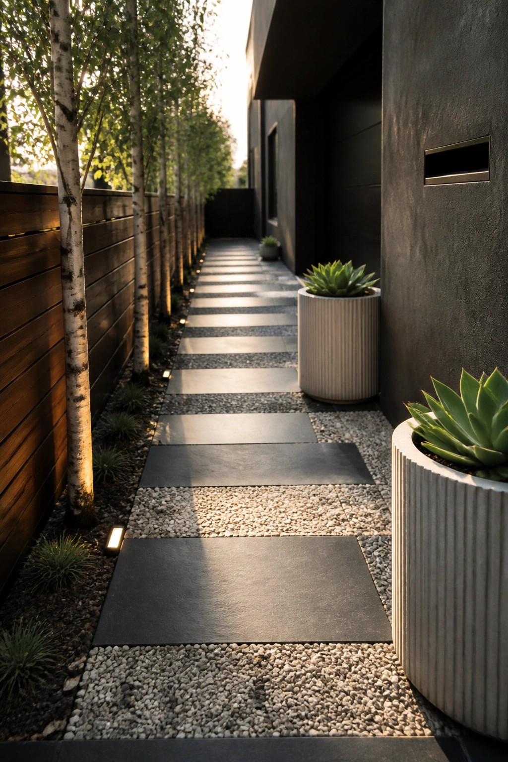 A narrow outdoor path made of large rectangular dark pavers set in light gravel, running between a wooden fence on the left and a dark building wall with potted plants on the right.