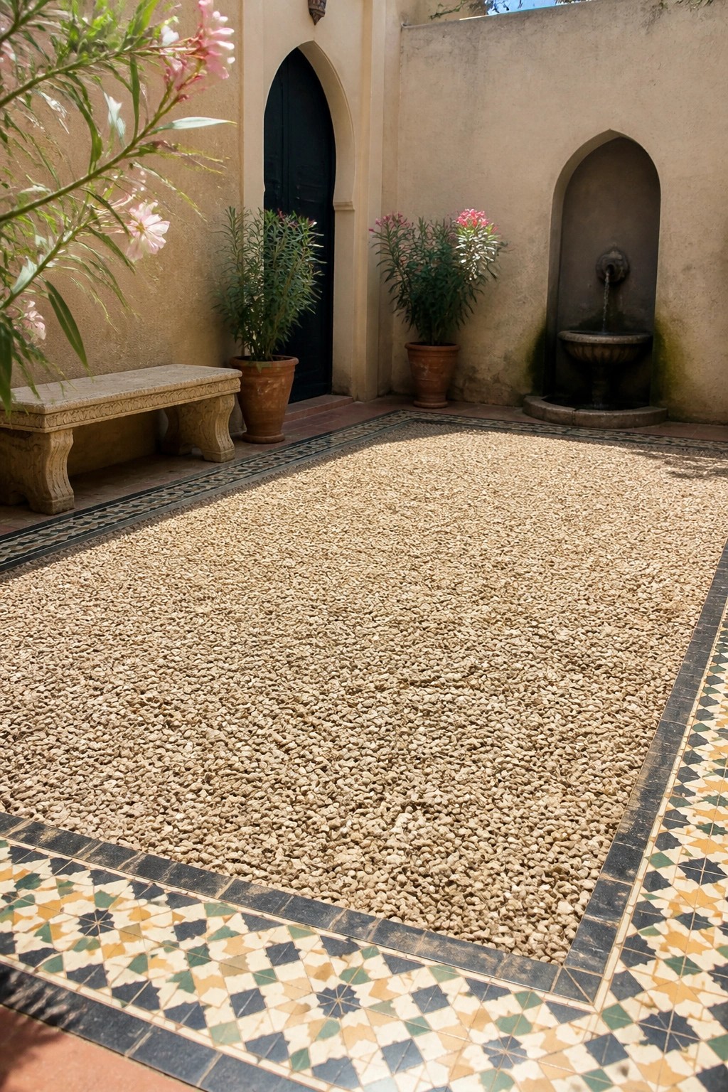 A small courtyard filled with light-colored gravel bordered by colorful patterned tiles, featuring potted plants, a stone bench, an arched doorway, and a wall fountain.