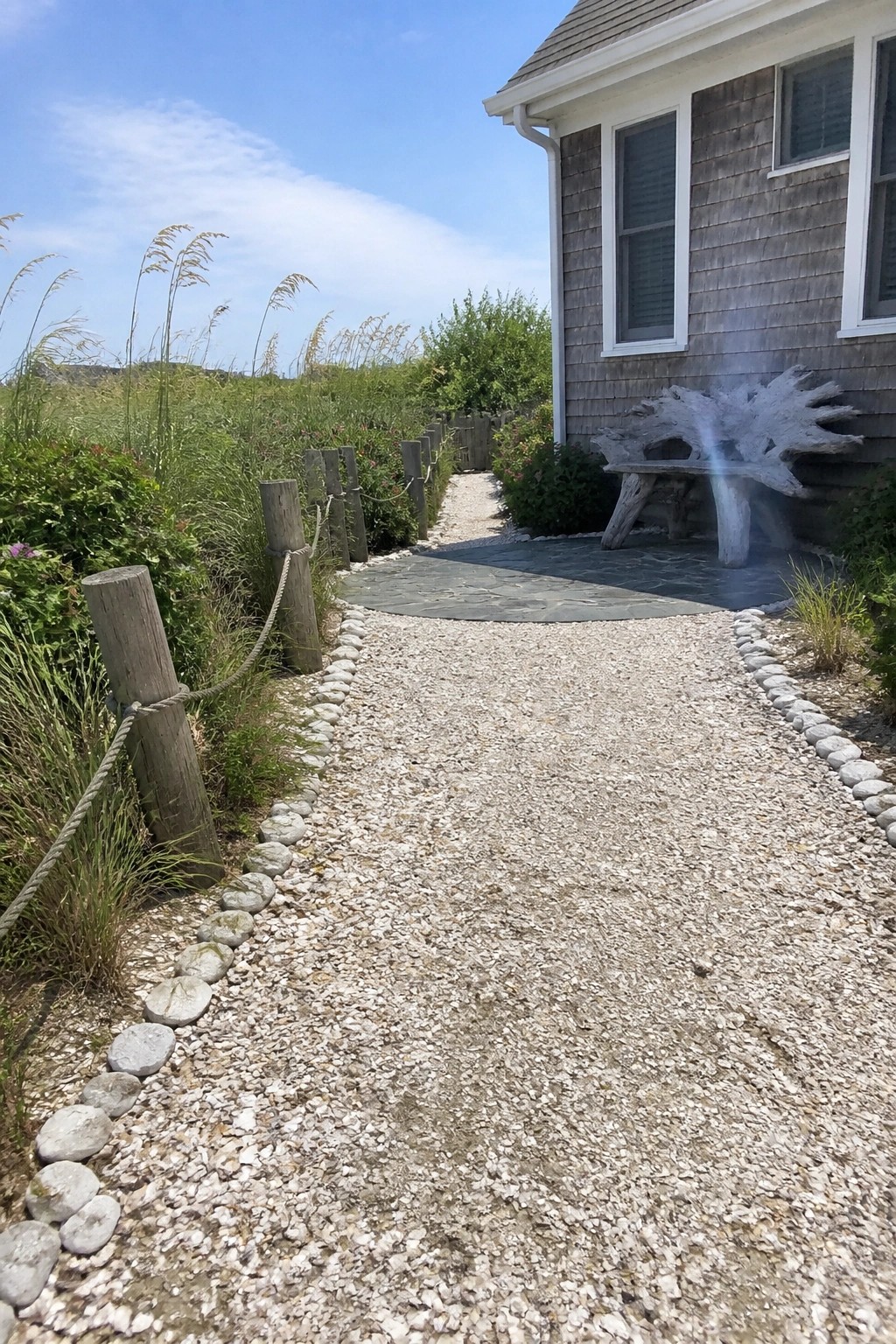 A gravel path bordered by round stones leads toward a gray shingled house with a stone patio.