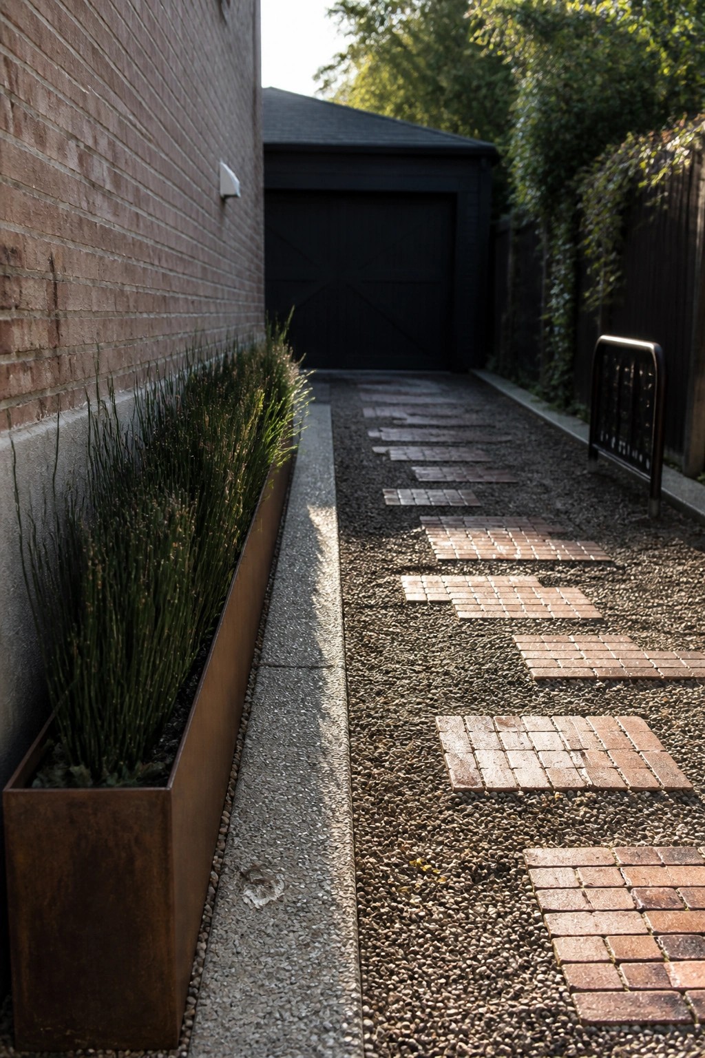 A narrow gravel path bordered by a long metal planter with tall grasses, brick pavers set in offset sections, and a brick wall on the left.